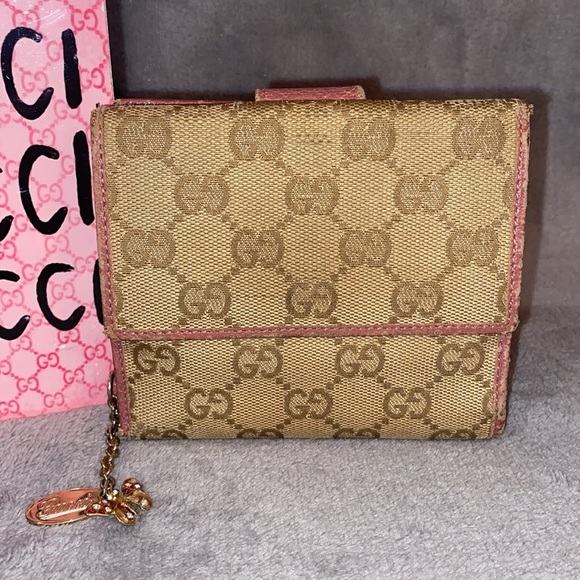 💕GUCCI💕Tan/Pink GG Canvas and Leather French Flap Wallet with COA/GUC - Picture 4 of 15